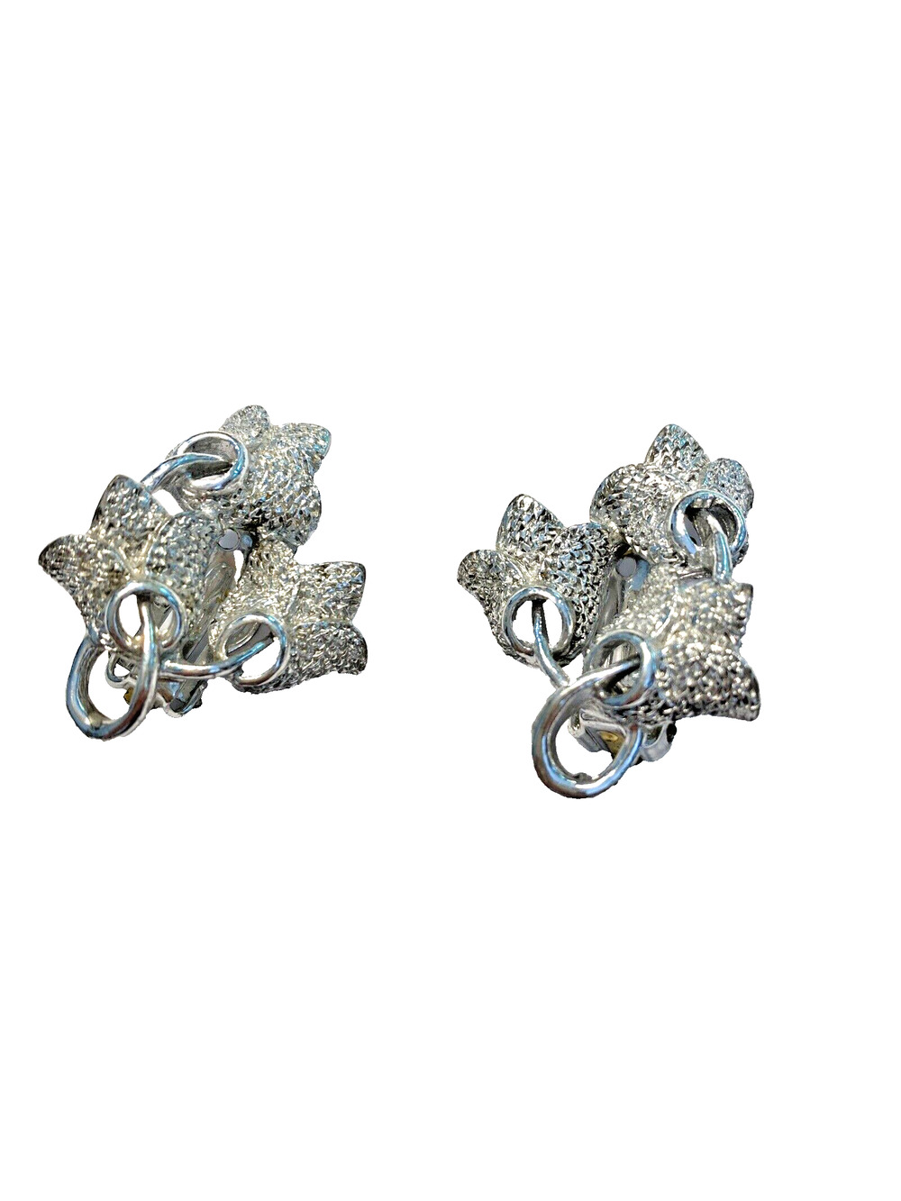Vintage Mid Century Clip On Earrings Silver Textured Dimensional Mod Flowers